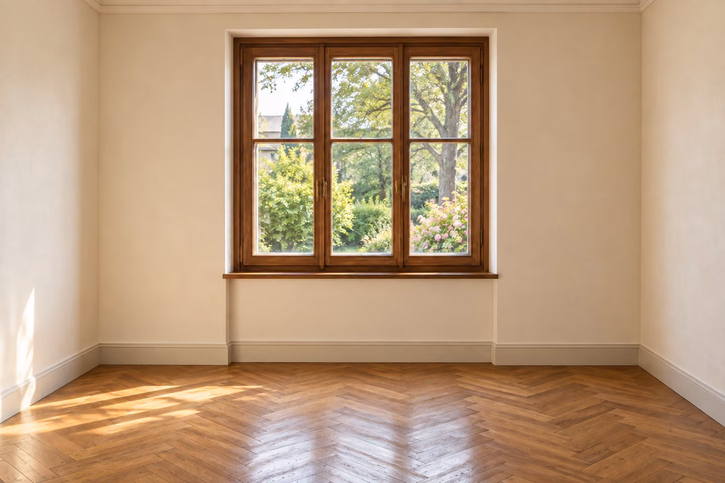 Illustrative restored room with modern walnut windows