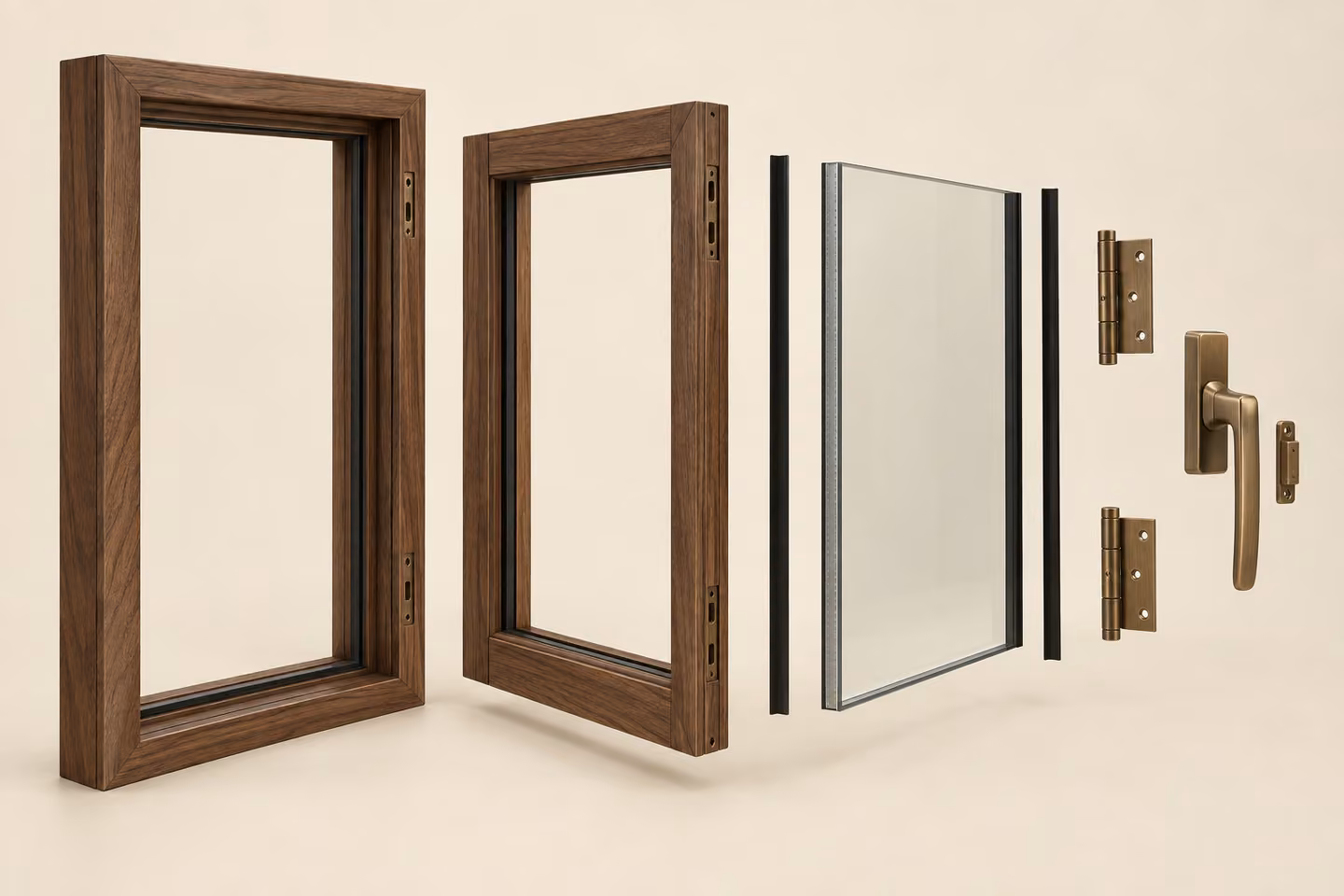 Exploded window construction showing the frame, sash, glazing, seals and hardware