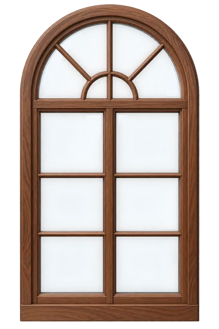 Freestanding arched walnut window