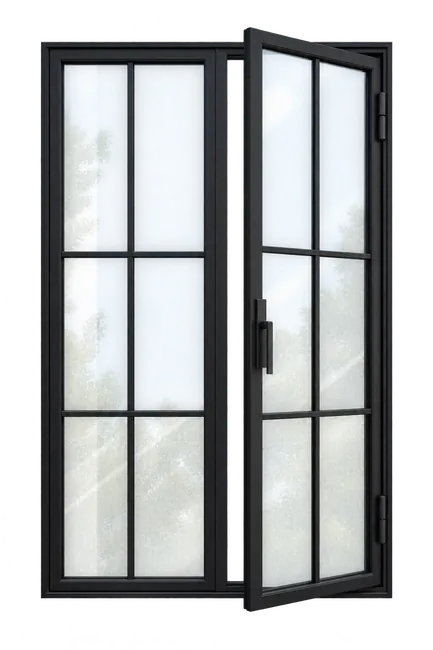 Freestanding black steel casement window