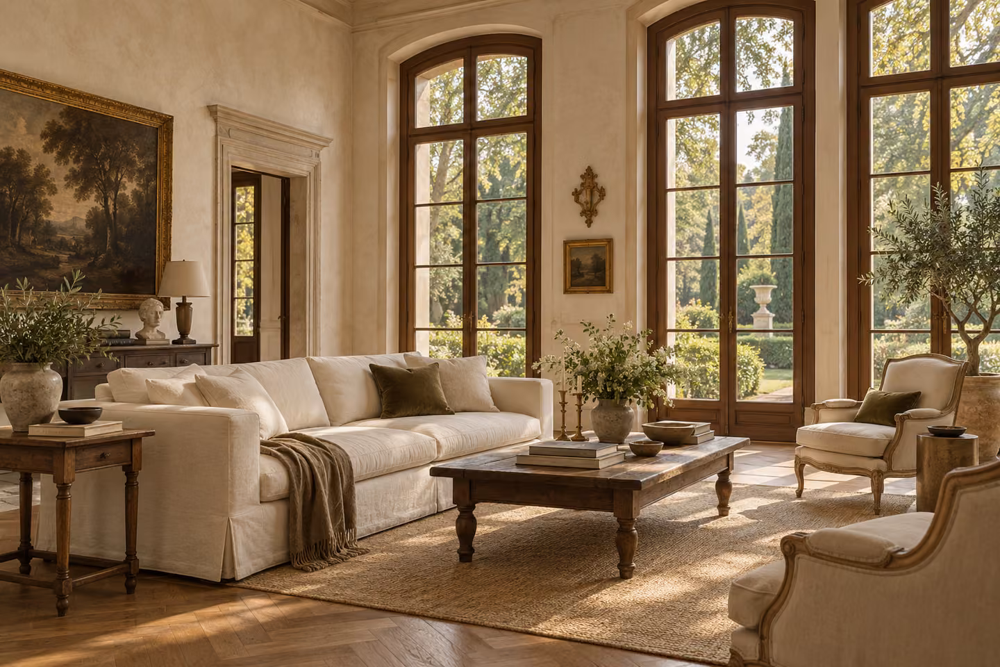 A sunlit, refined living room with tall walnut windows