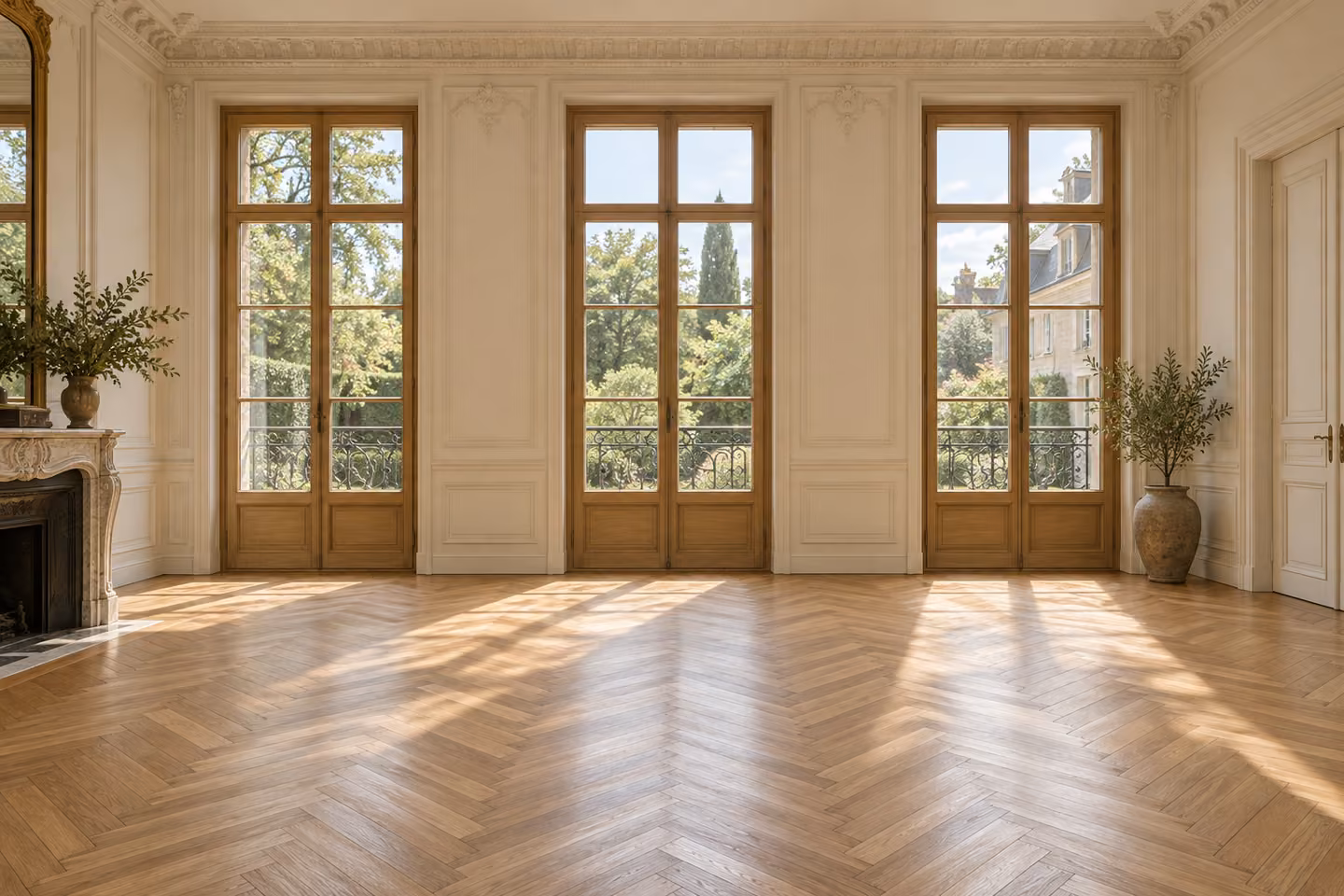 Elegant room with modern timber windows, brass hardware and parquet flooring