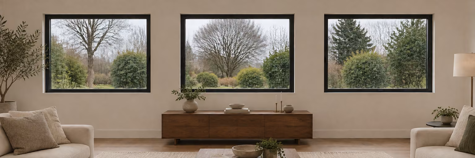 Three black-framed windows with clear glazing