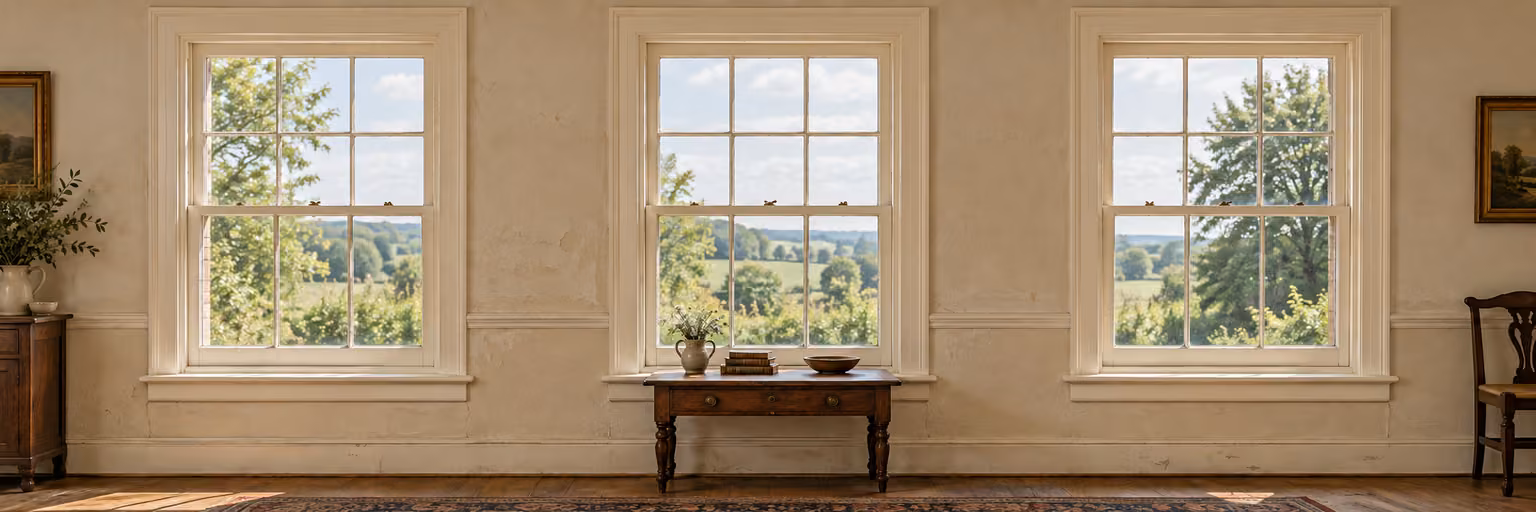 A row of three restored cream sash windows