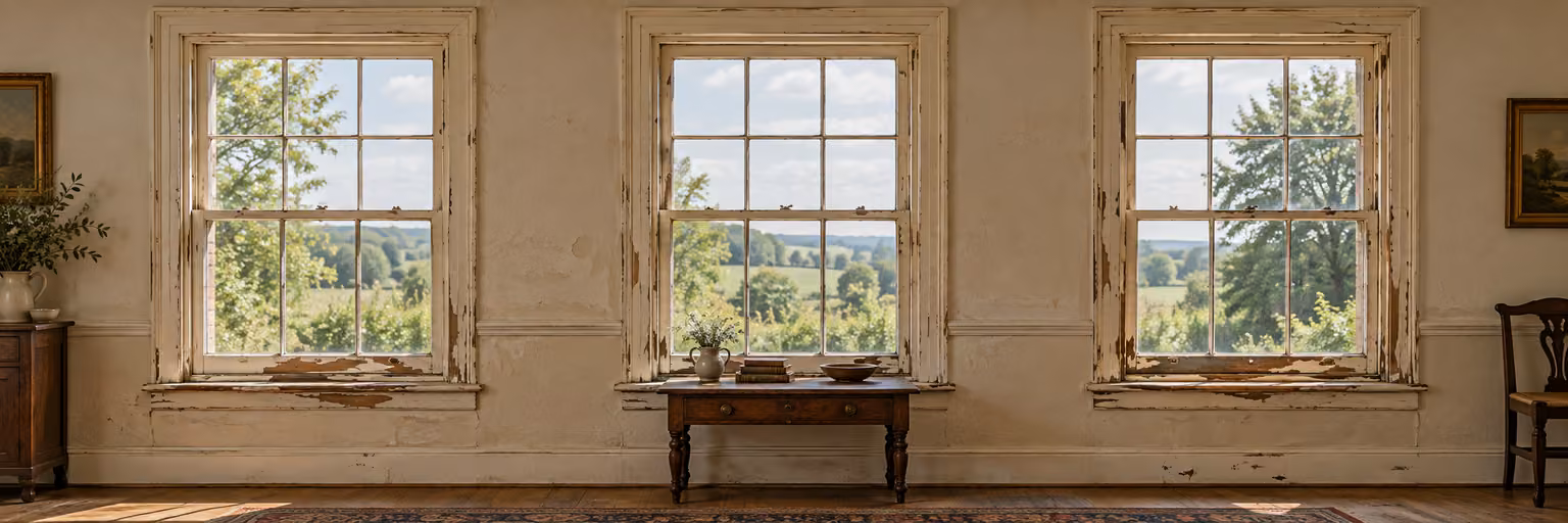 The same row of cream sash windows before restoration