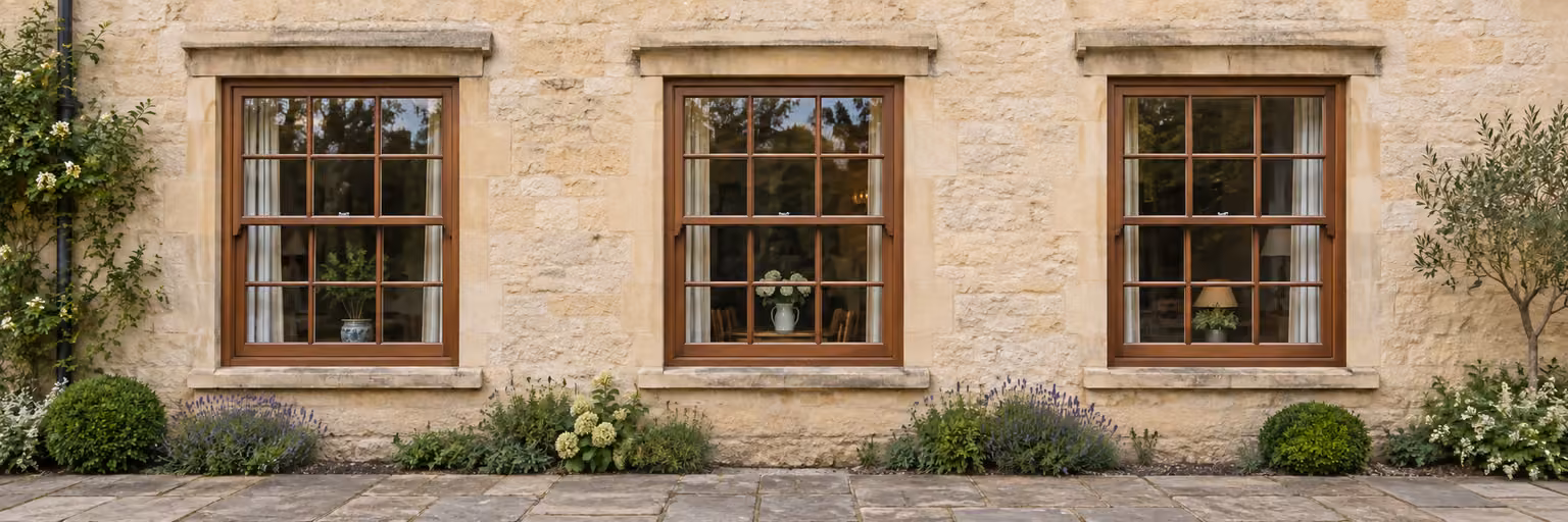 Three walnut replacement windows across a stone facade