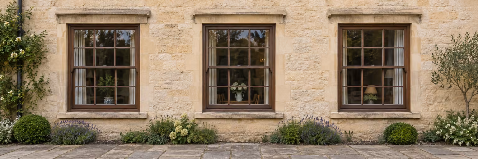 Three dated windows across the same stone facade